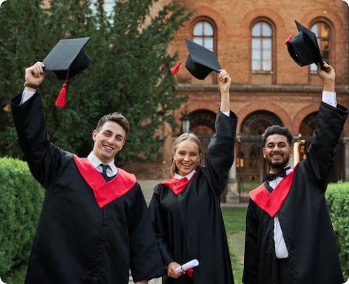 group diverse grads throwing caps up sky aus 8